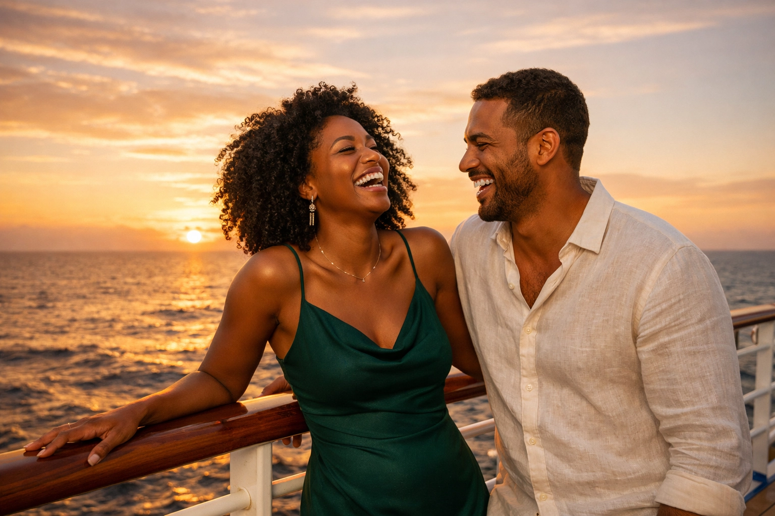Couple enjoying romantic sunset moment on lifestyle cruise ship deck