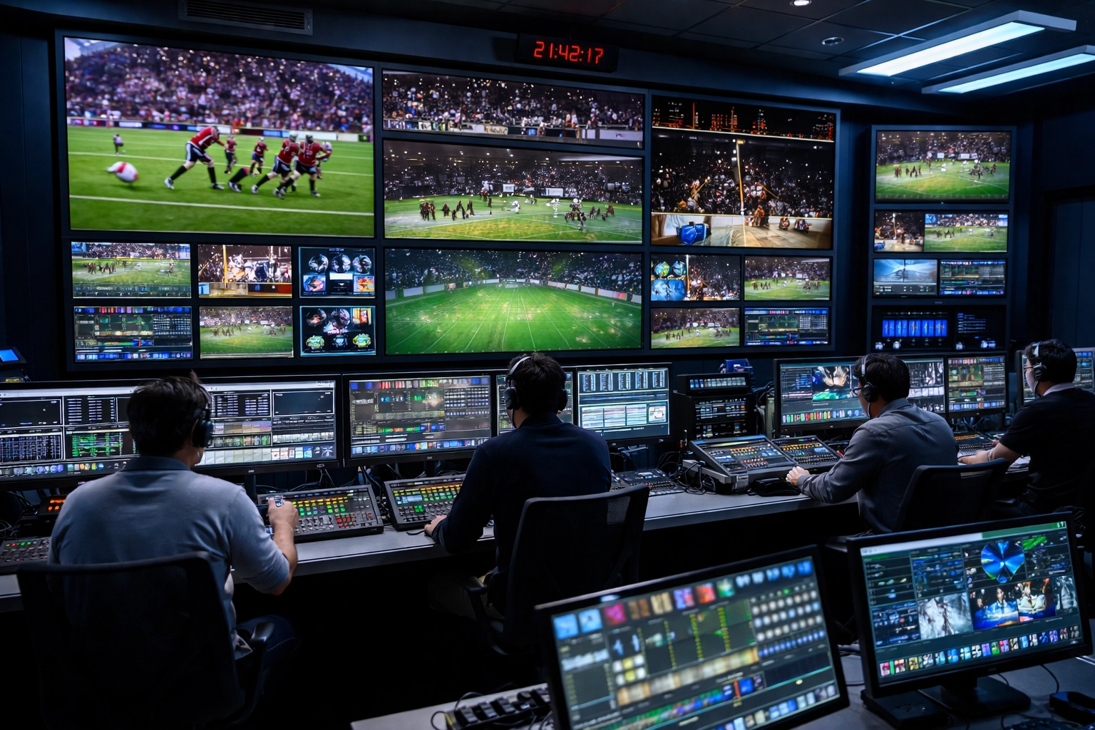 Broadcasting control room with multiple live sports games on monitors, highlighting multi-platform sports advertising opportunities