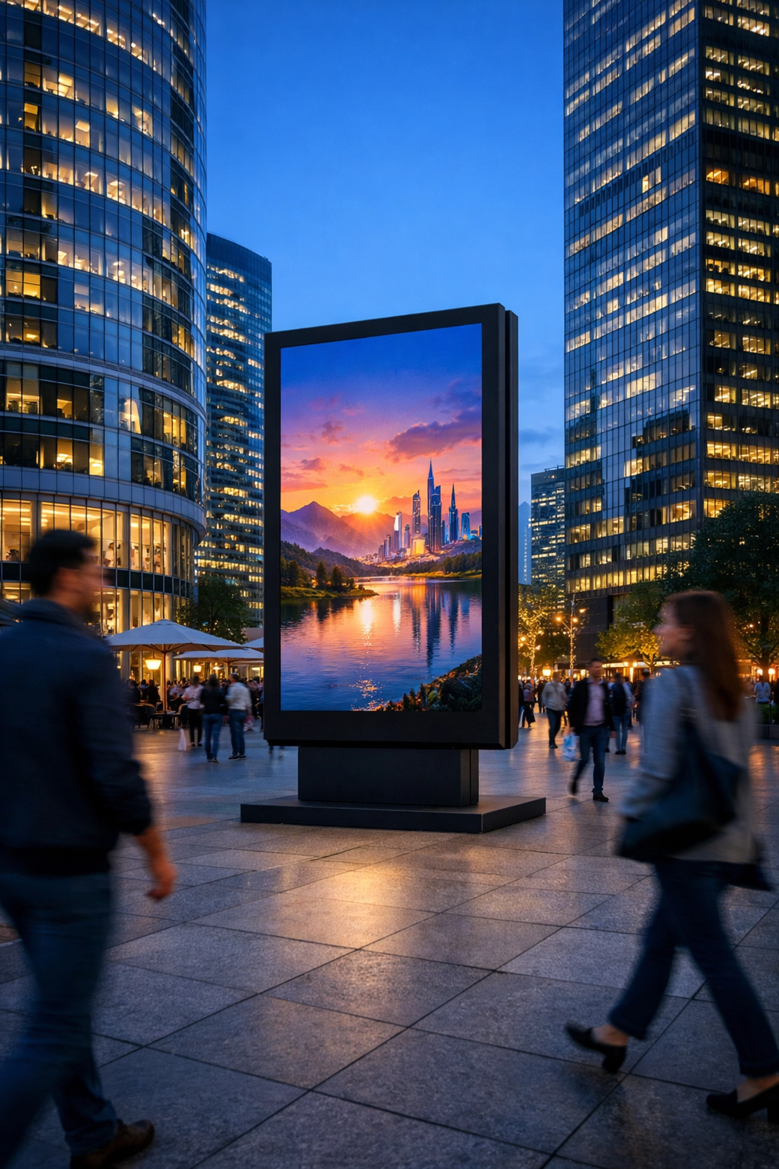Digital billboard in a busy urban plaza during twilight promoting a call to action for a city event.