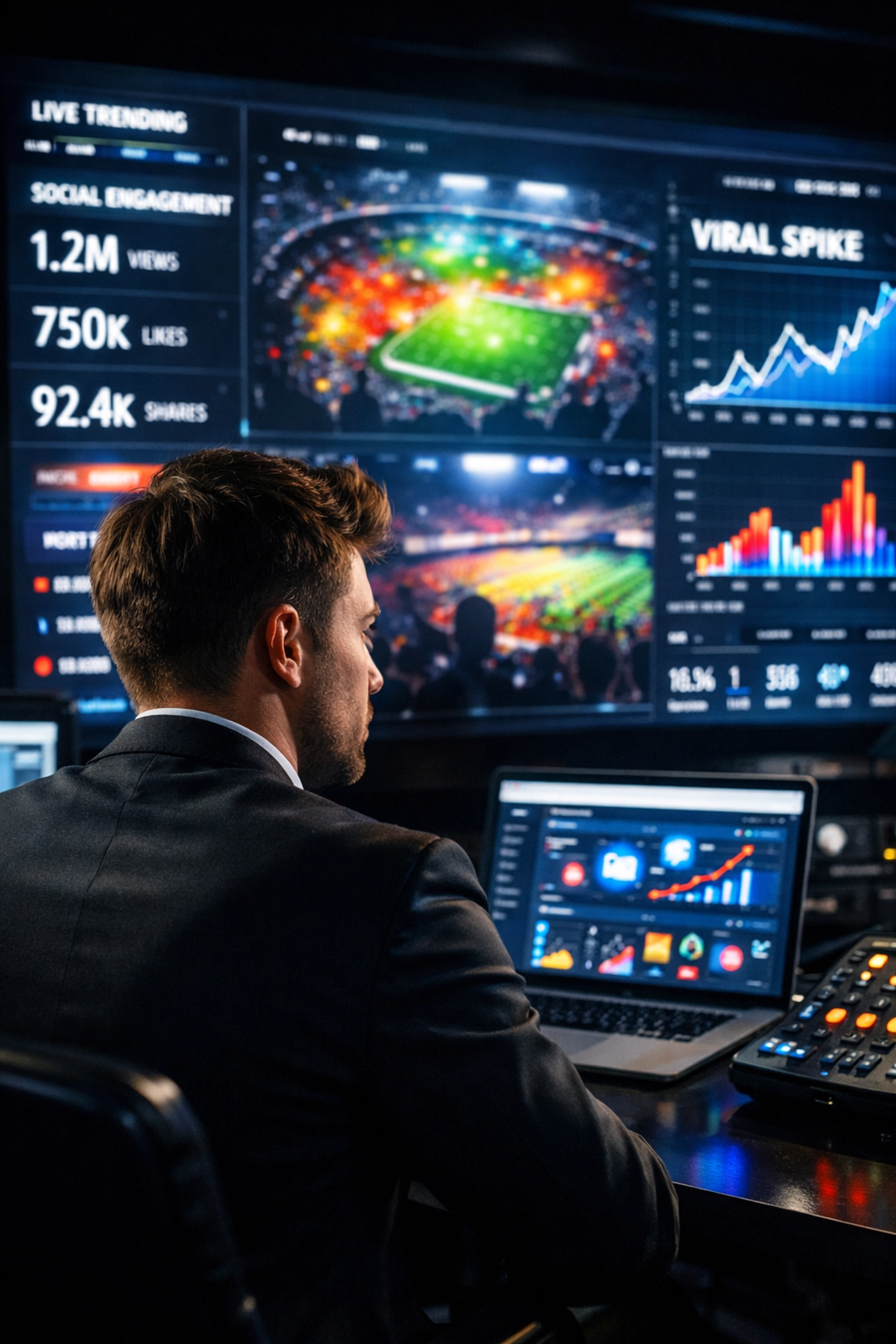 Professional marketer monitoring high engagement analytics for a 72-hour NIL athlete marketing campaign.