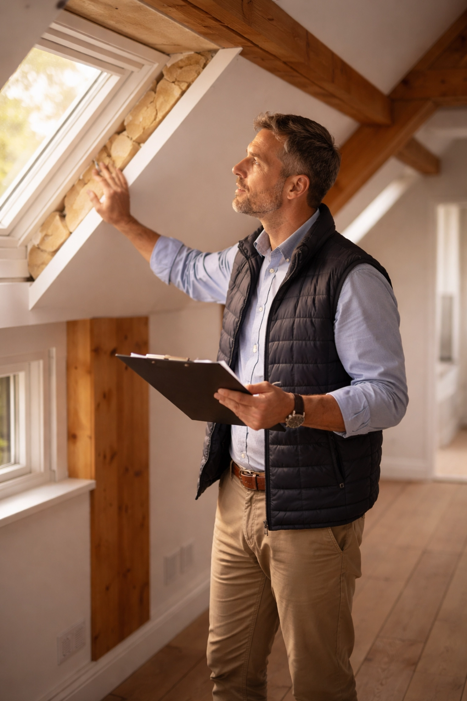 Building Control surveyor inspecting new loft conversion insulation to meet building regulations compliance
