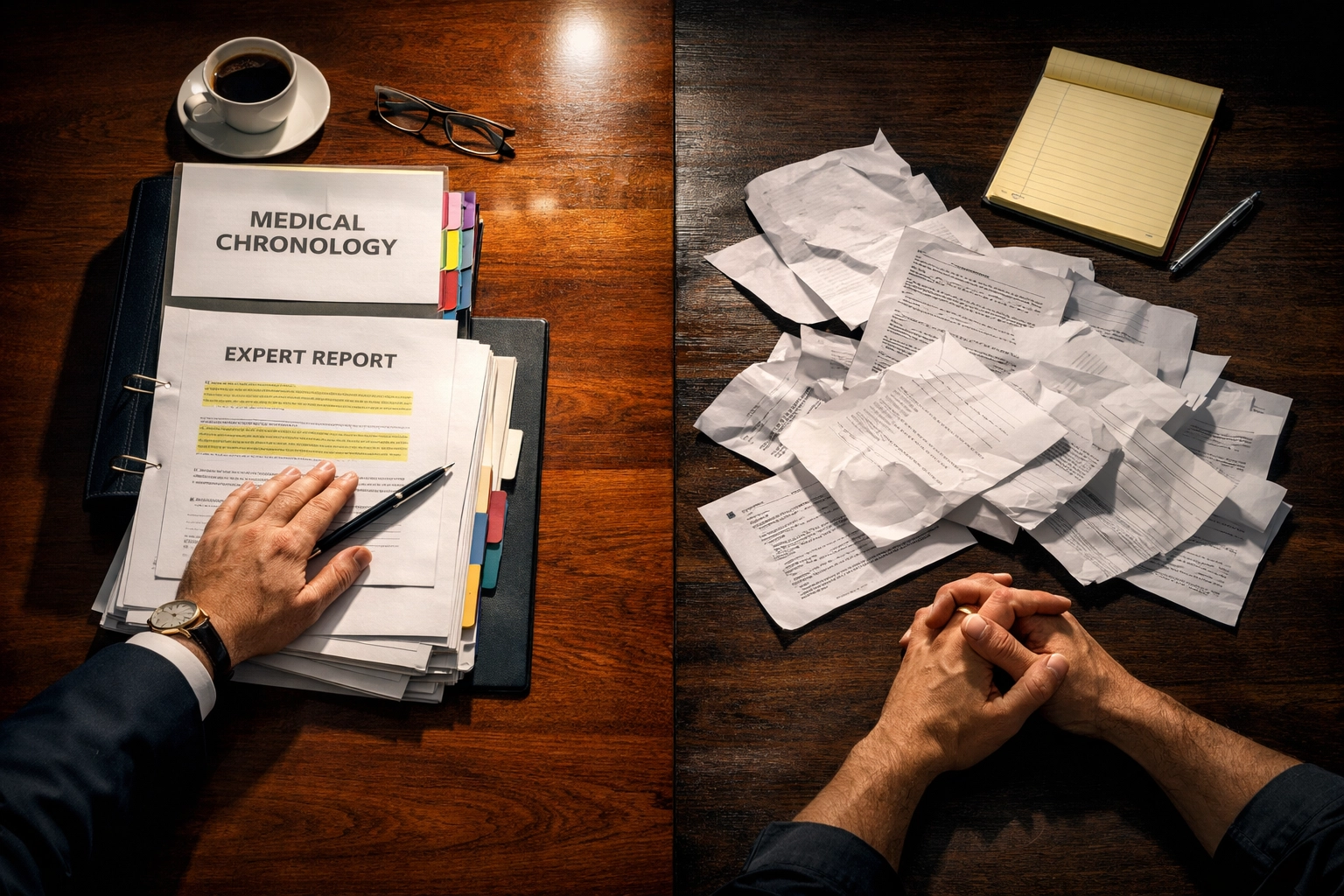 Mediation table showing organized expert reports and case materials versus unprepared opposition