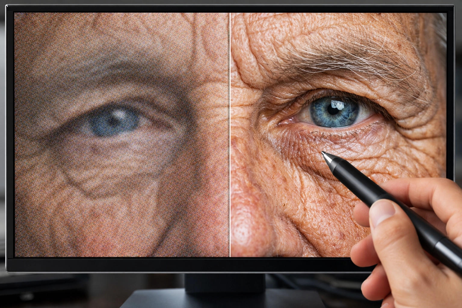 Comparison of sharpening and noise reduction on a portrait in the ultimate guide to photo editing.