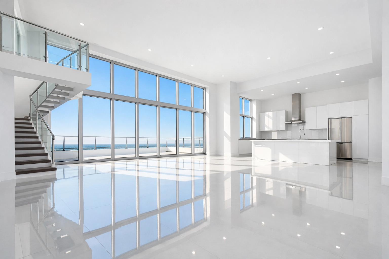 Spacious empty apartment loft with sparkling clean polished floors and large windows after a deep clean.