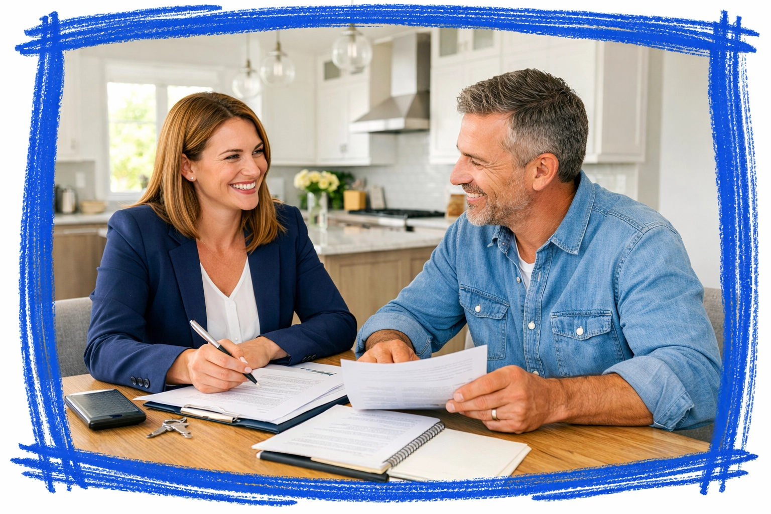 Connecticut real estate agent reviewing home disclosure documents with seller at kitchen table