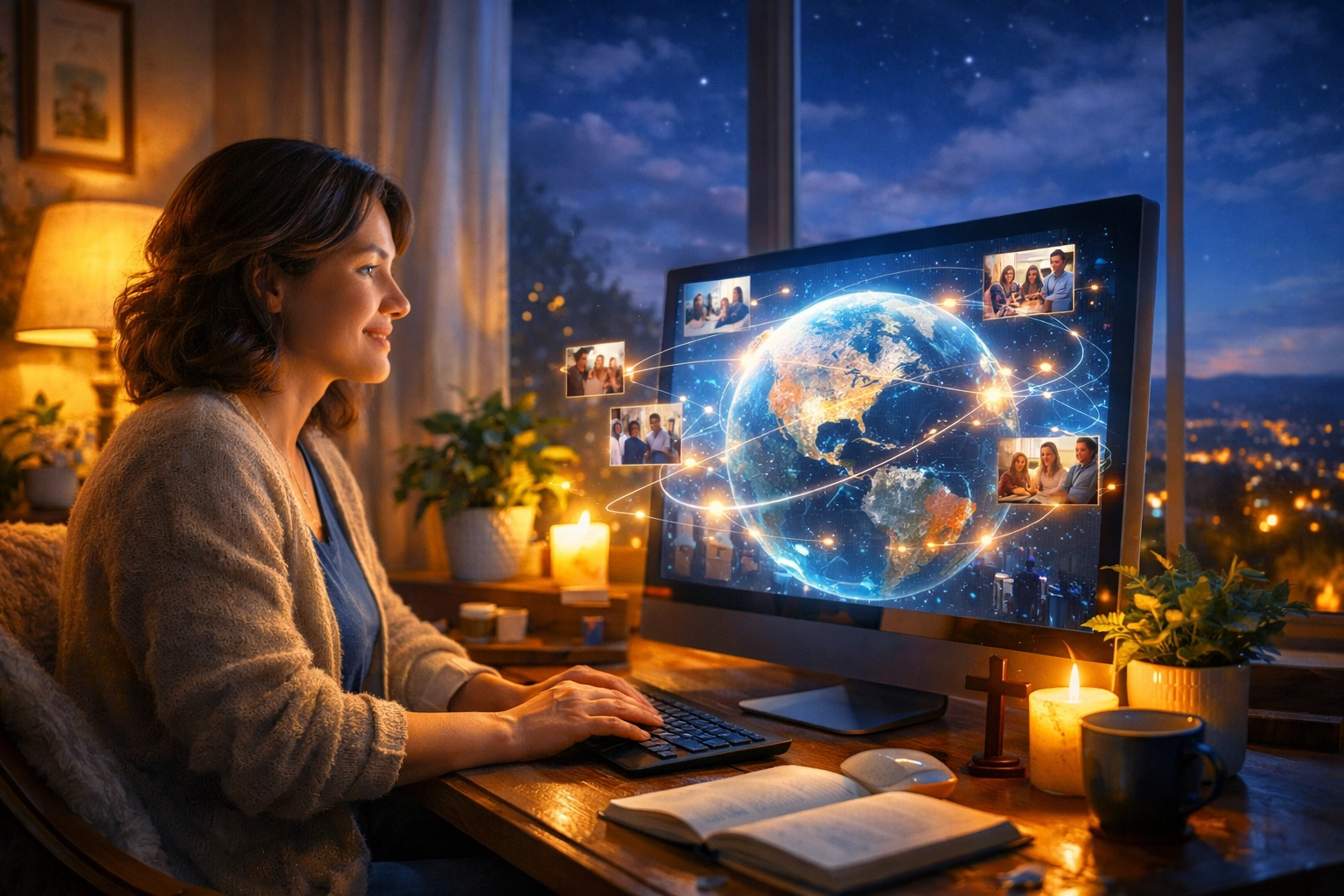 A woman finds spiritual connection through an online church study in her quiet home office.