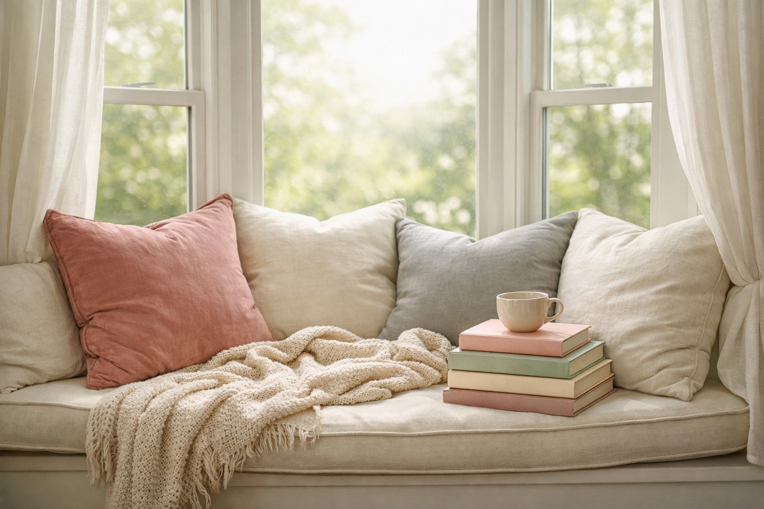 Bay window reading nook with floor pillows and natural daylight for cozy reading corner