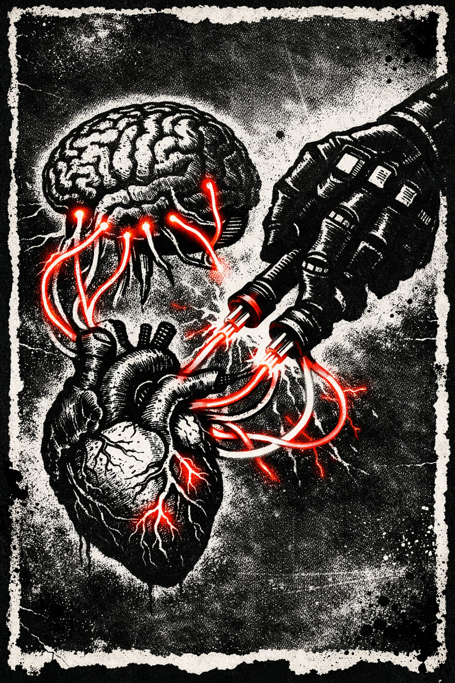 Gritty illustration showing the state hacking a child's attachment system and family bonds.