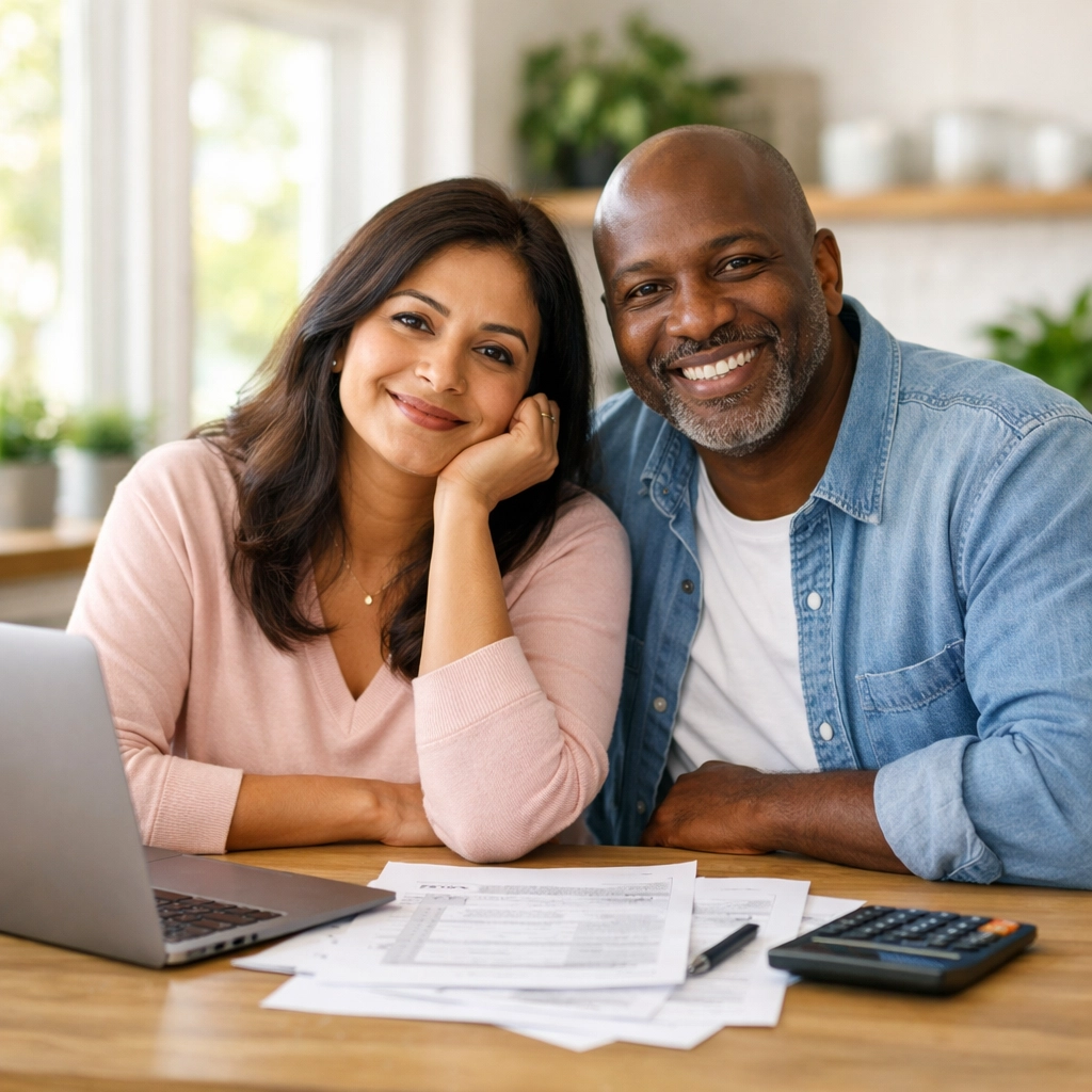 Married couple reviewing AMT tax documents and calculations at home with laptop and calculator