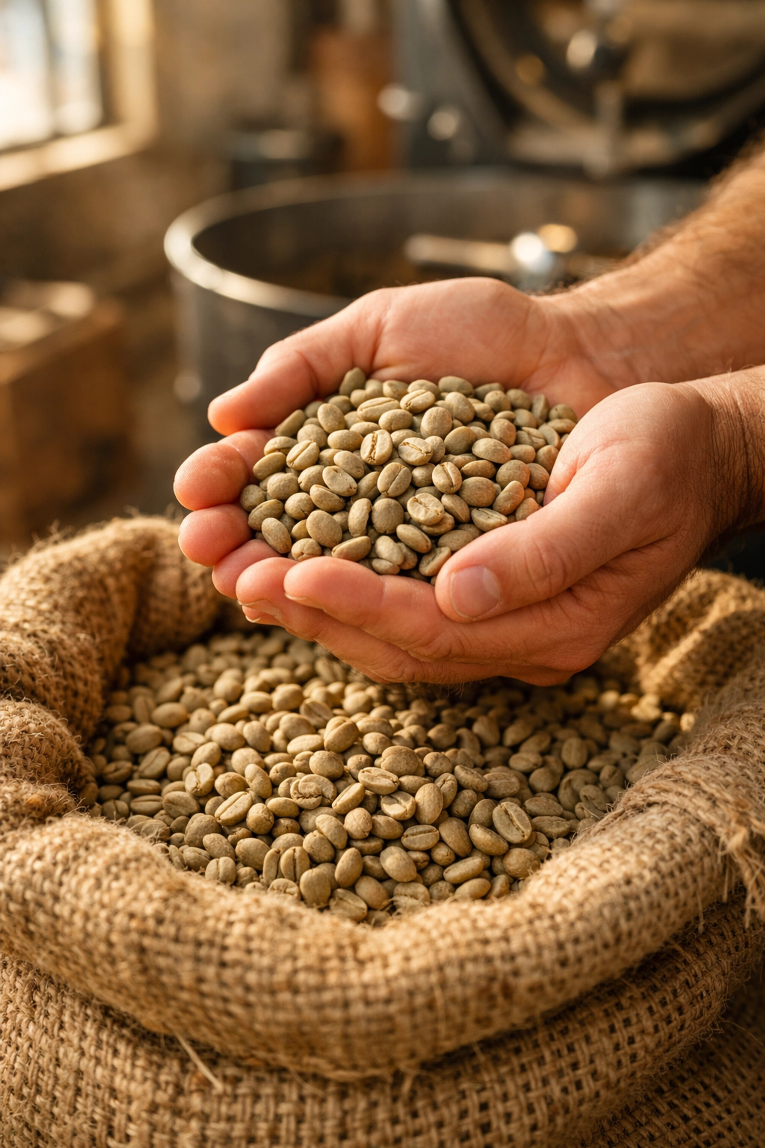 Hands holding green specialty coffee beans over burlap sacks at a sustainable coffee roastery.