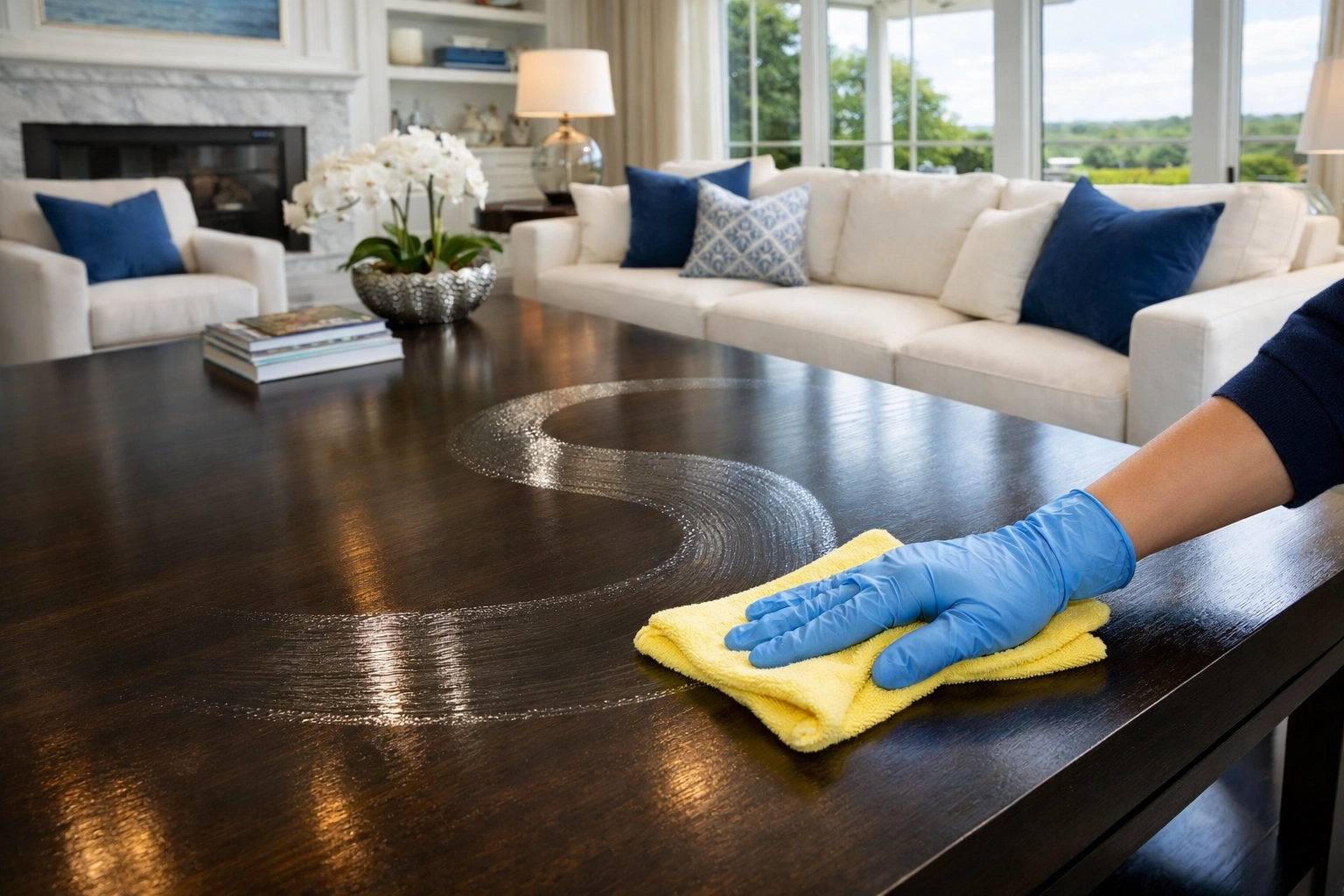 Cleaning a wood table using an S-pattern wipe during a professional deep cleaning Marlborough.