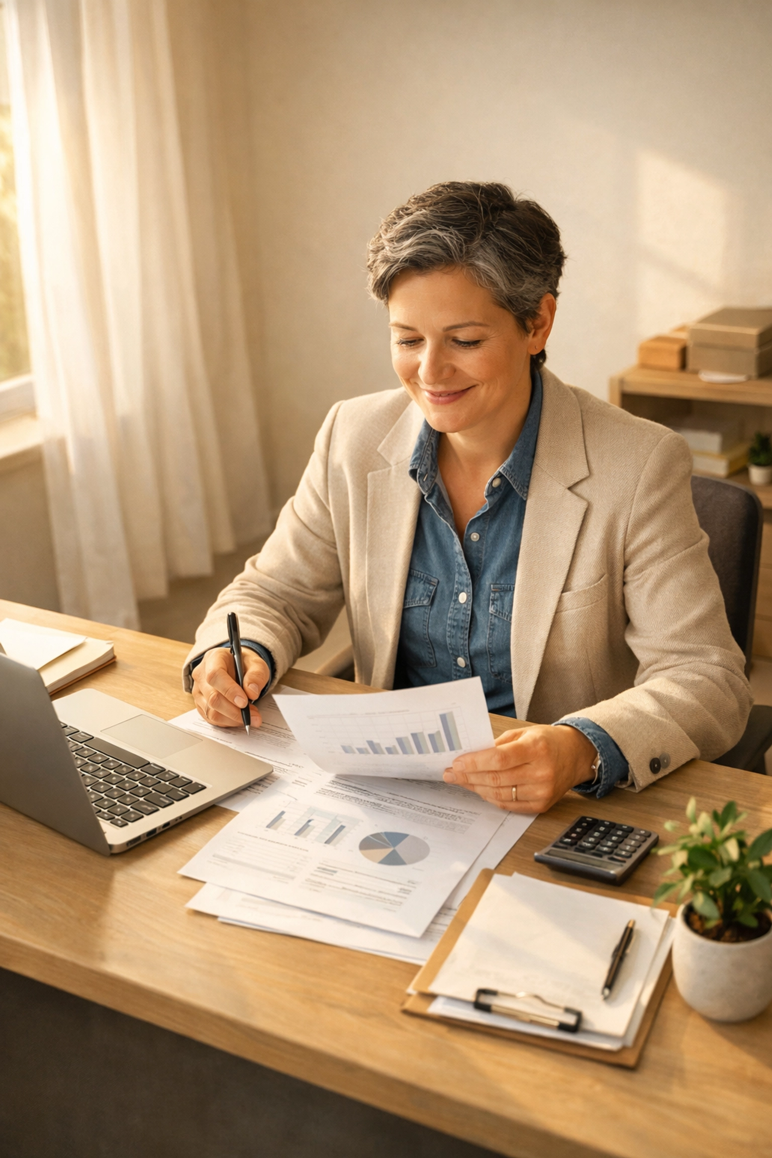 Small business owner confidently reviewing monthly financial reports at desk