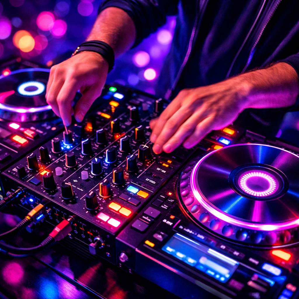Professional wedding DJ mixing music on modern equipment with LED lighting