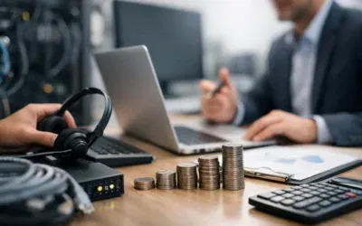 Stacks of coins and IT equipment representing affordable flat-fee support