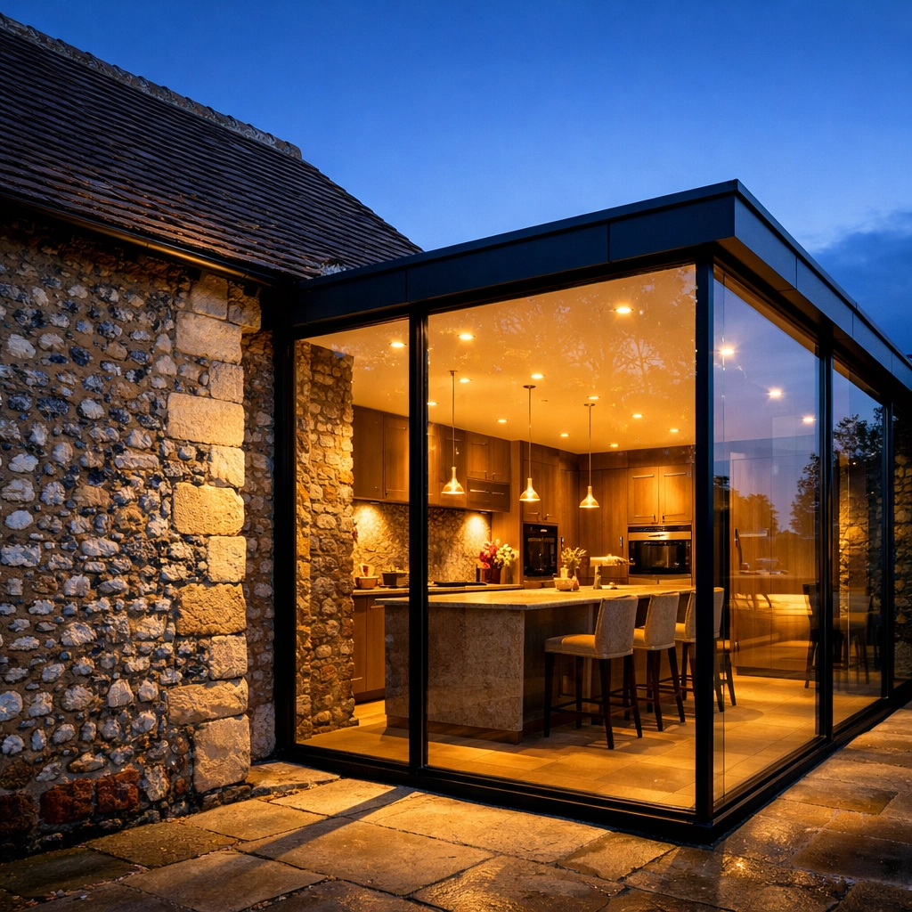 Modern glass extension architectural design on a traditional Sussex flint period home.