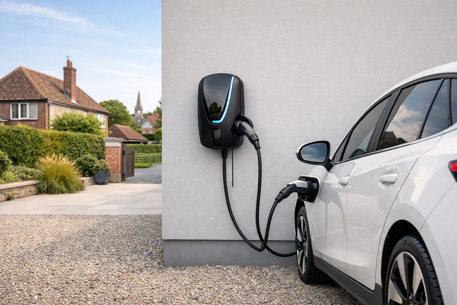Professional EV charger installation on a modern Dorset home exterior with a parked electric vehicle.