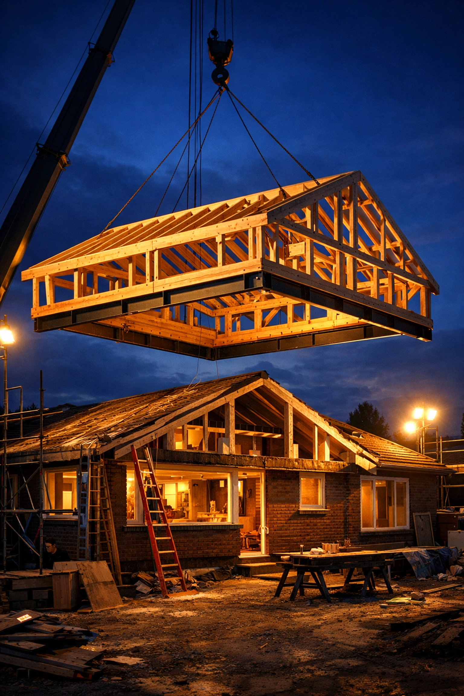 Structural roof lift construction for a second-floor extension on a Sussex bungalow.