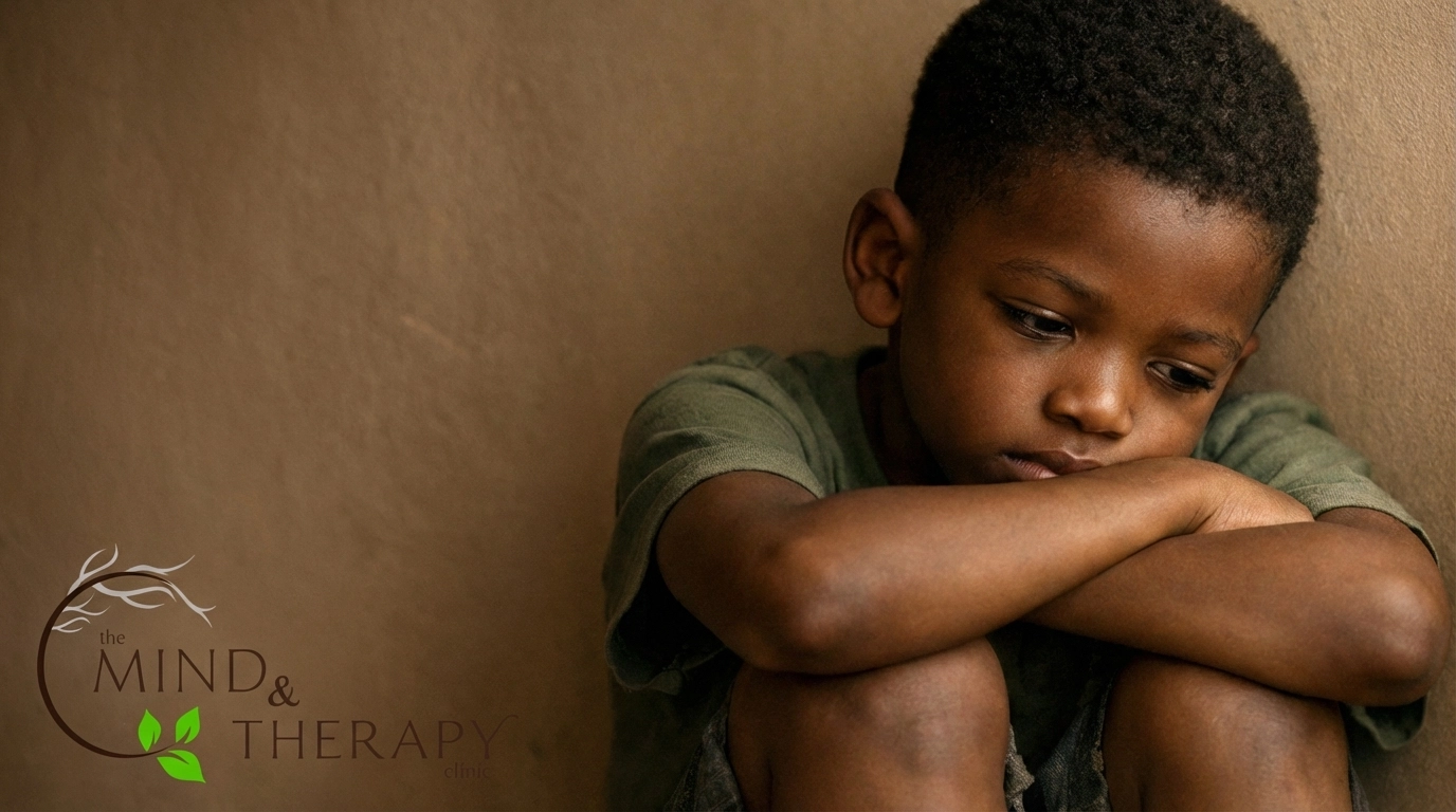 Young Black boy sitting alone expressing sadness and emotional isolation