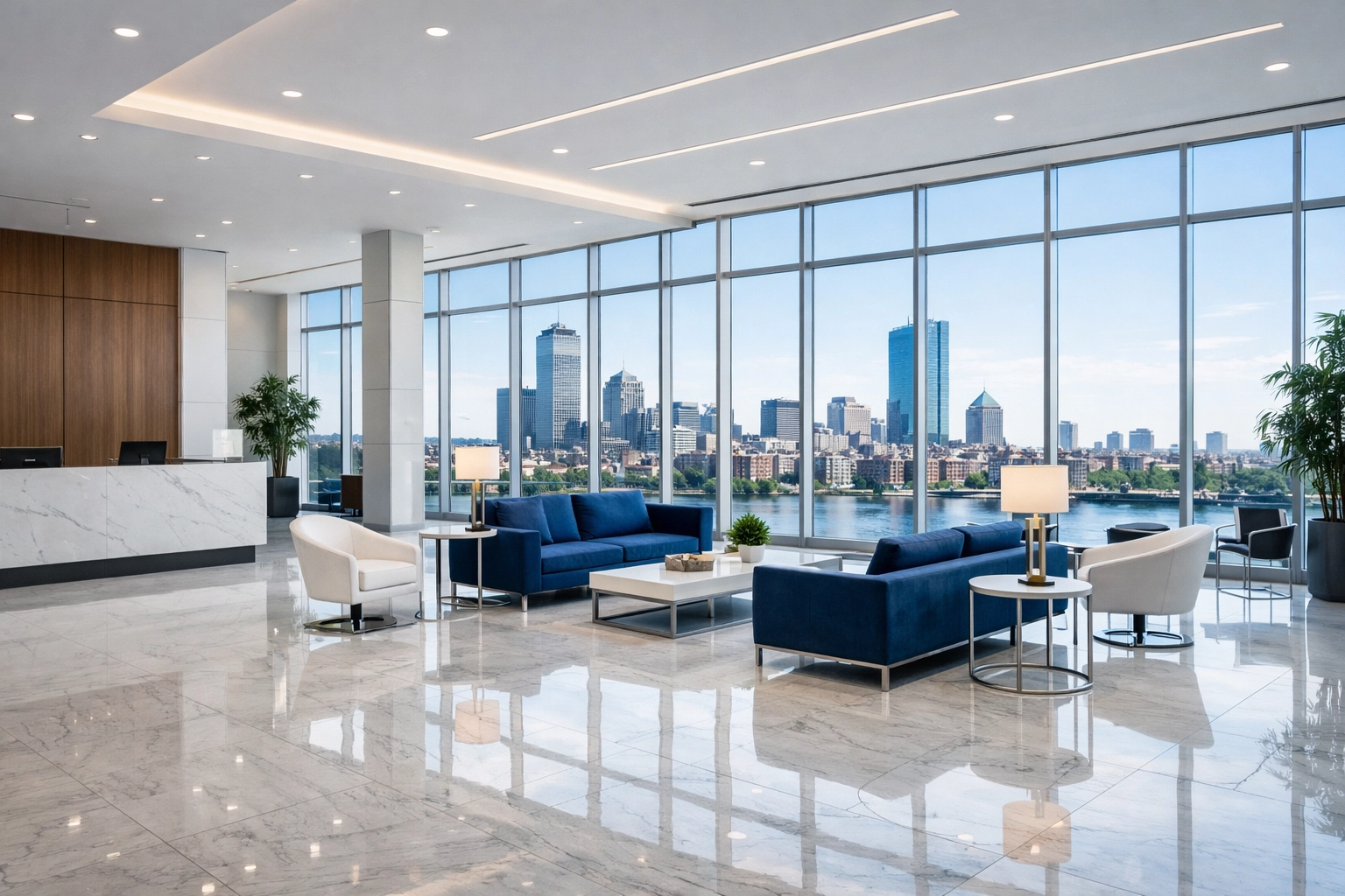 Pristine modern corporate lobby in Boston showcasing professional janitorial services Massachusetts standards.