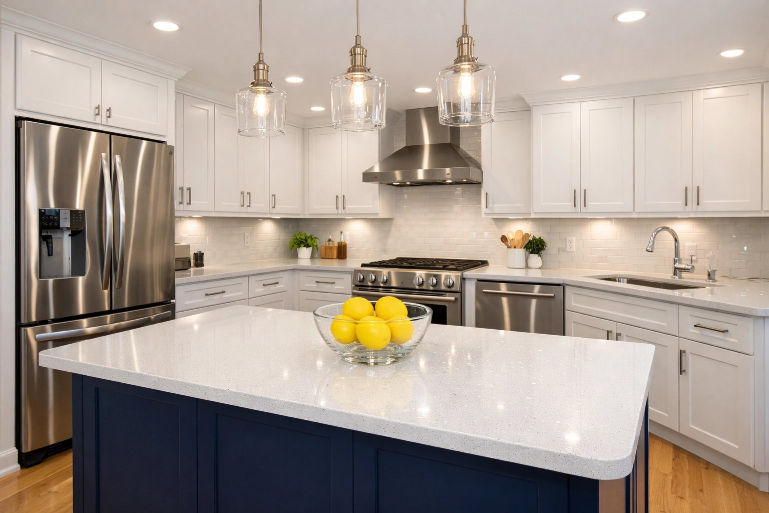 Sparkling modern kitchen featuring white cabinets after a deep cleaning and Weekly House Cleaning Carlisle.