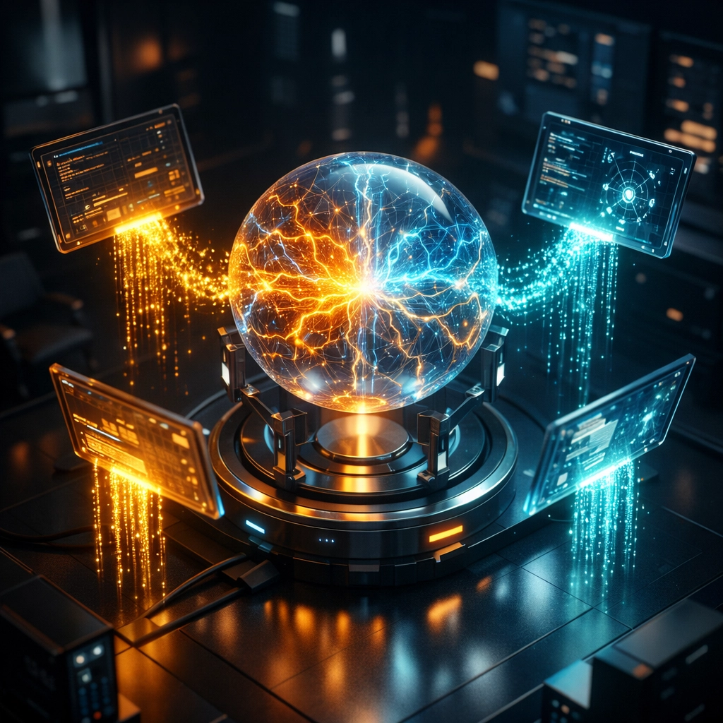 Conceptual visualization of a custom GPT neural network processing industry-specific data and logic.