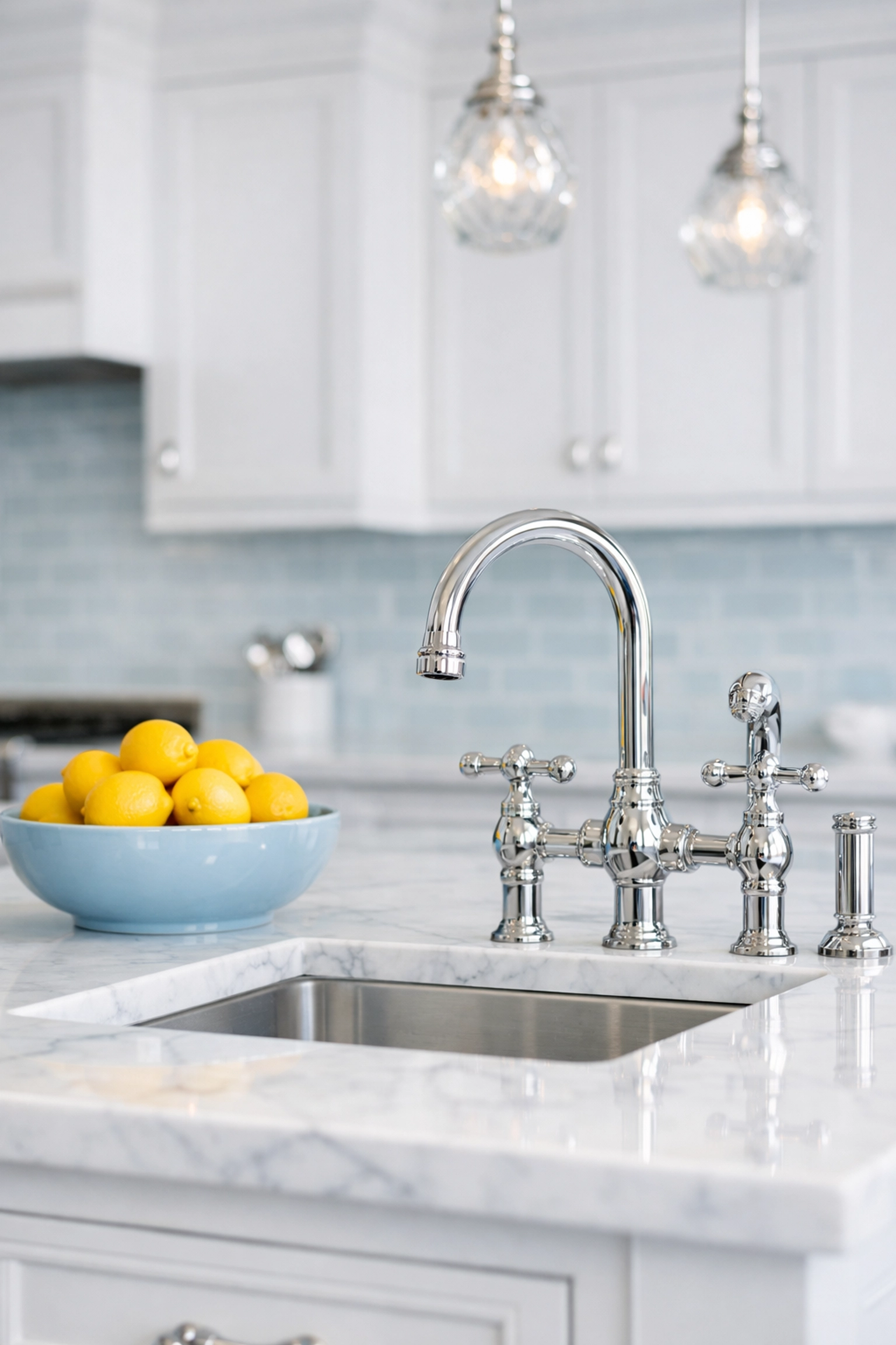 Pristine white marble kitchen island in a Boston brownstone after a professional move-in cleaning.