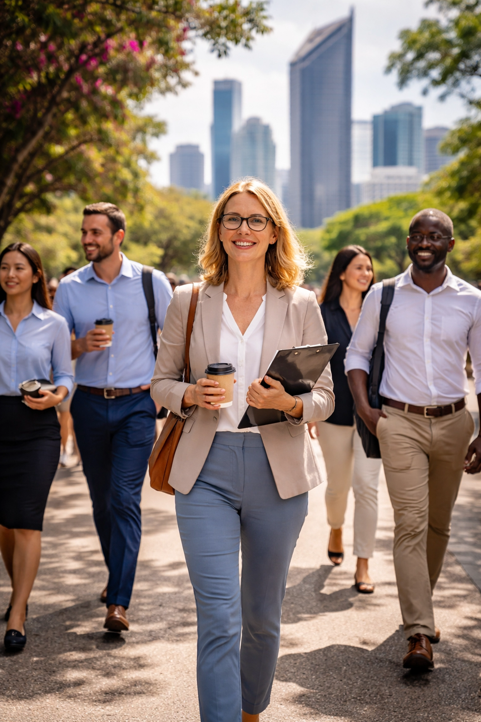 Diverse group of Brisbane professionals in South Bank parklands, symbolizing mental health support and community well-being.