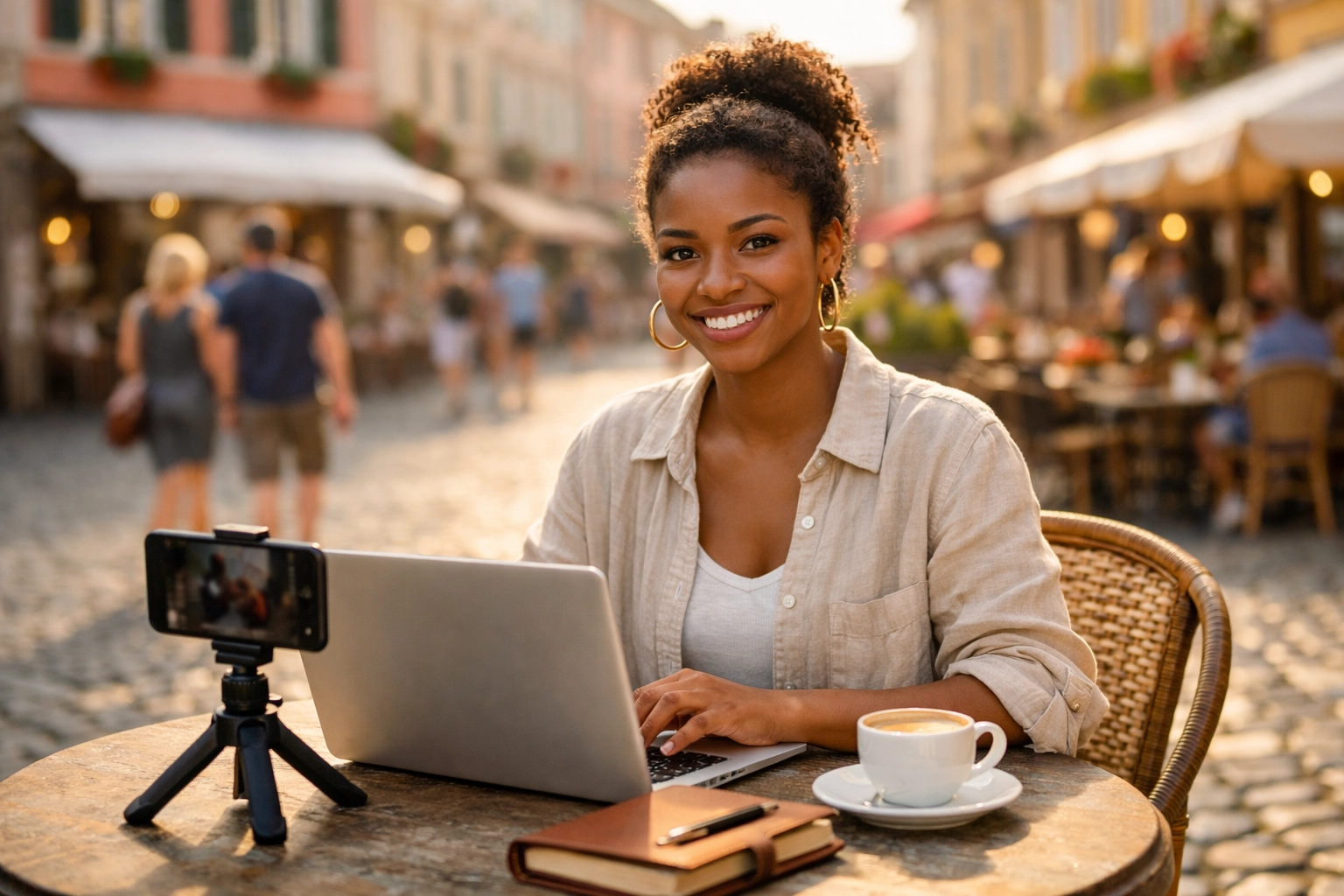 Travel influencer creating content at European cafe while building her brand from scratch