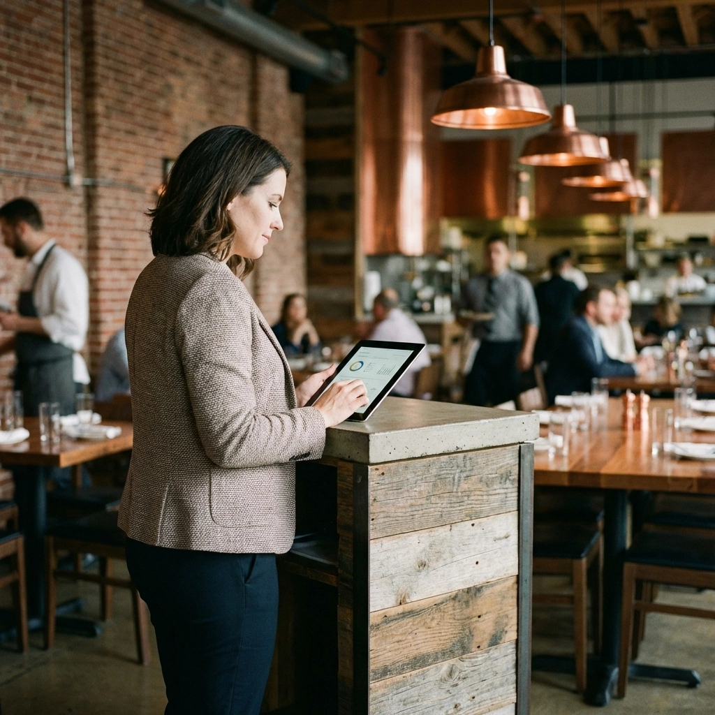 Restaurant manager analyzing AI-driven data on a tablet in a modern dining room, showcasing technology use in hospitality.
