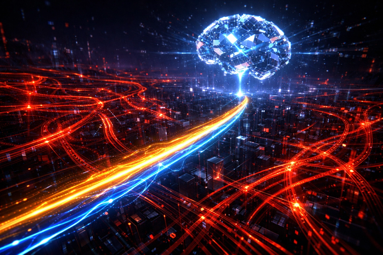 AI-powered smart routing navigating digital networks to reduce crypto payment processing fees.