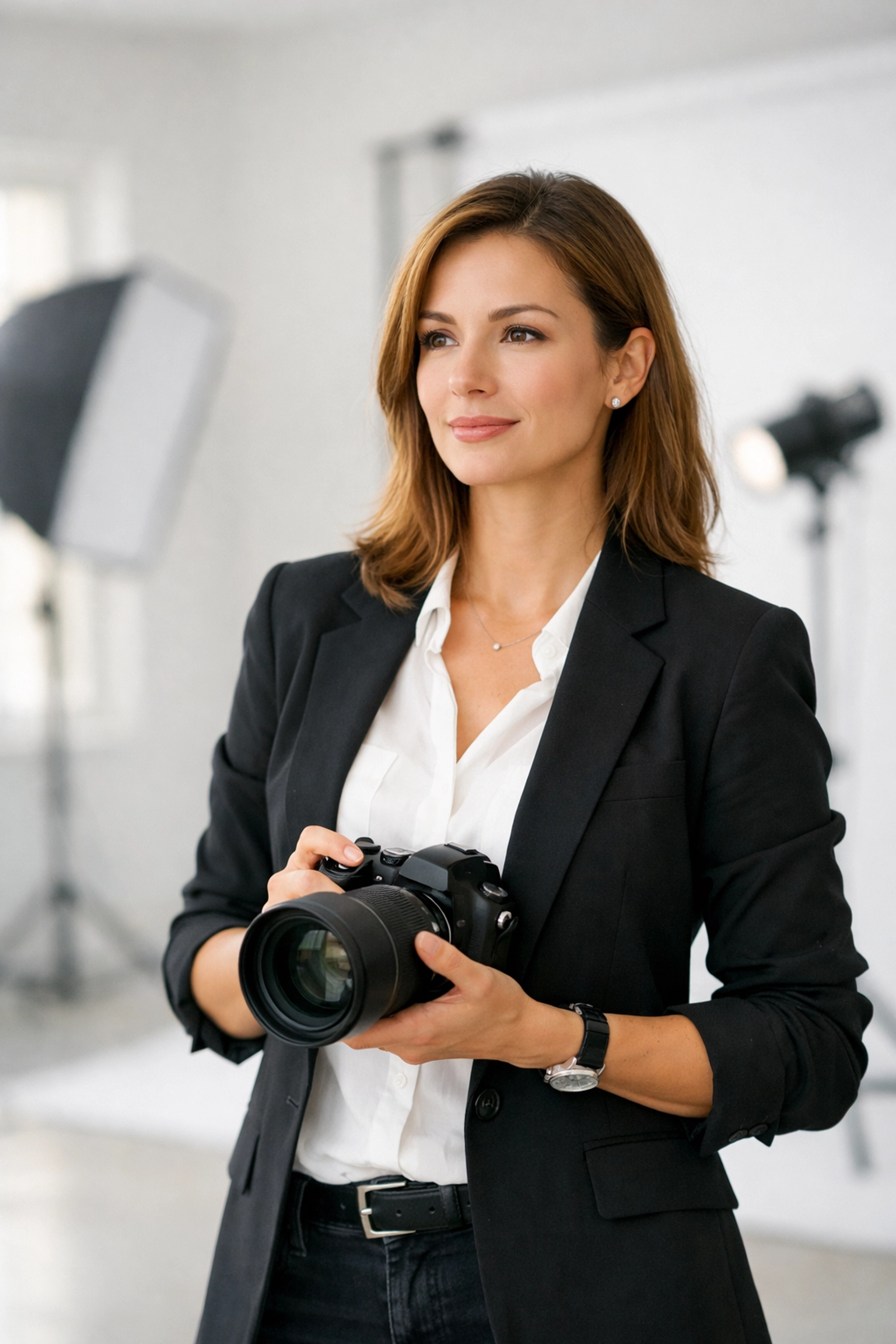 Professional photographer with a mirrorless camera in a studio, reflecting a trustworthy workflow.