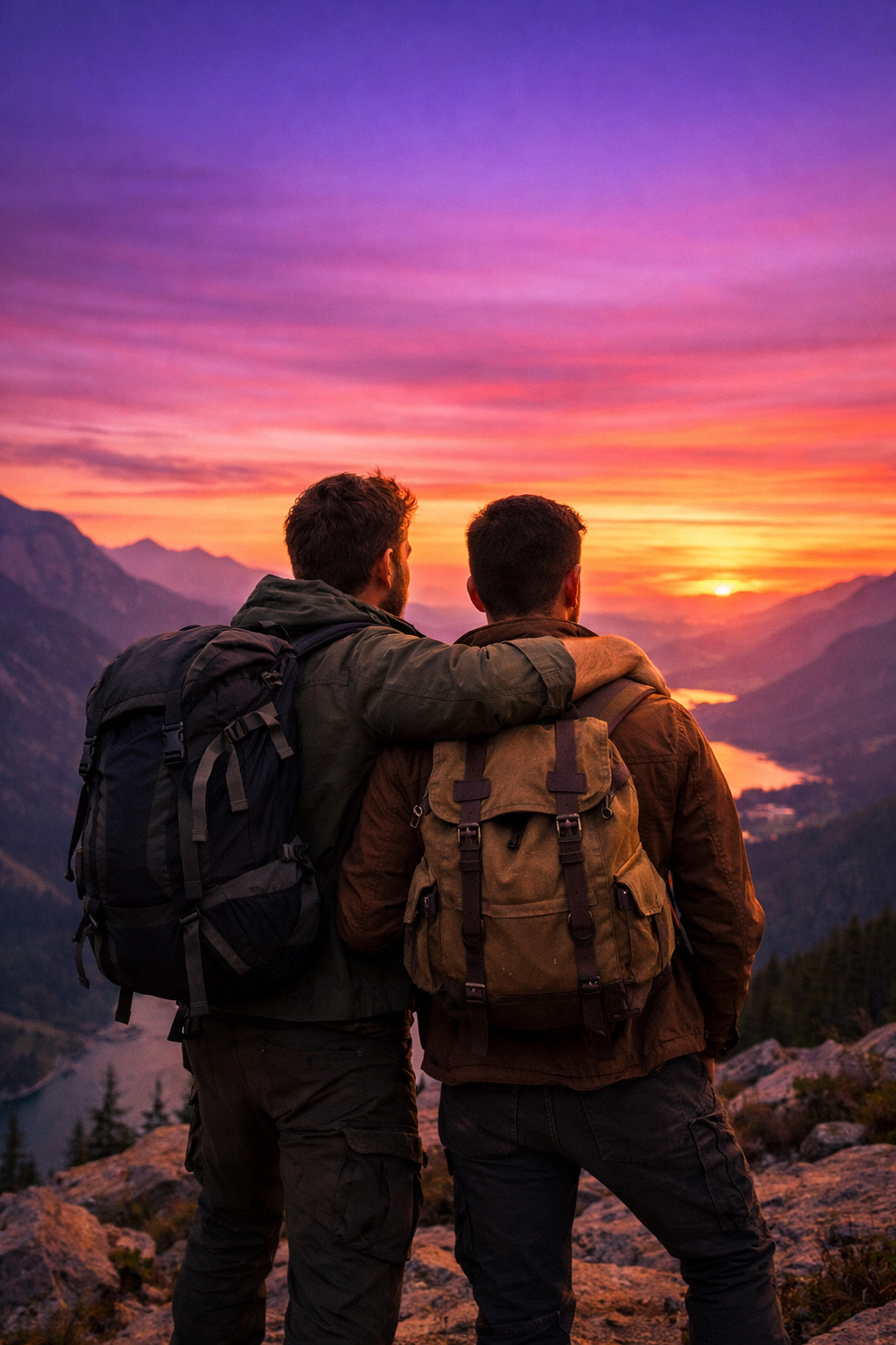 Two men in adventure gear overlooking a mountain valley, showcasing the 'us against the world' gay romance theme.