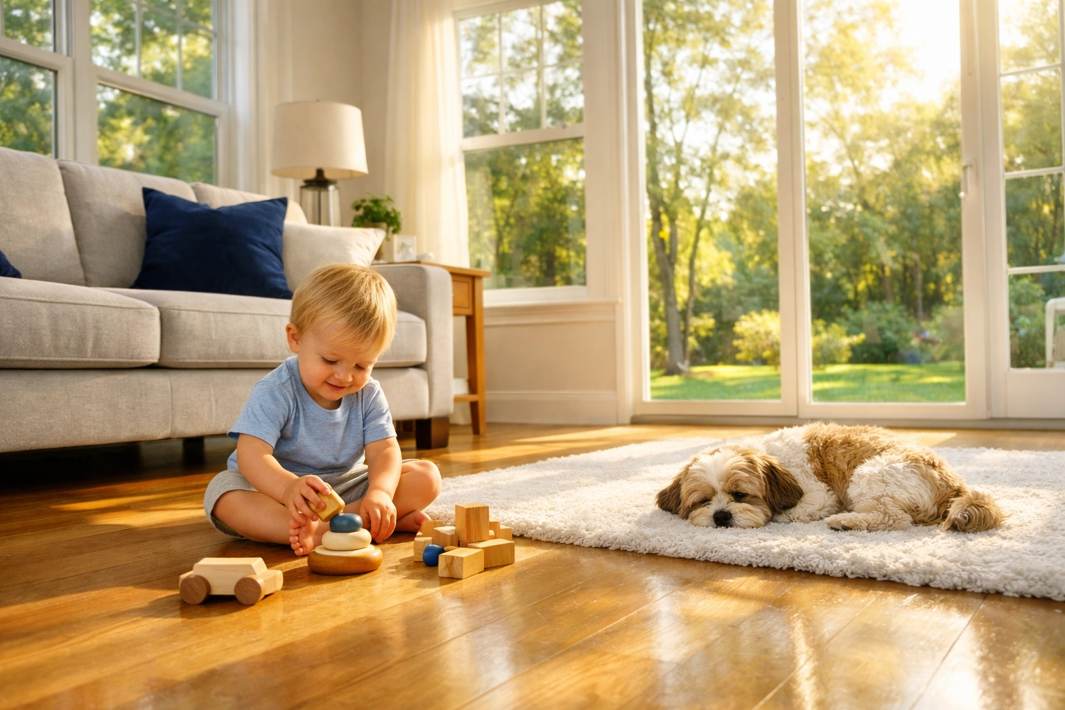 Toddler and dog playing on safe, clean hardwood floors in a Lancaster home after eco-friendly cleaning.