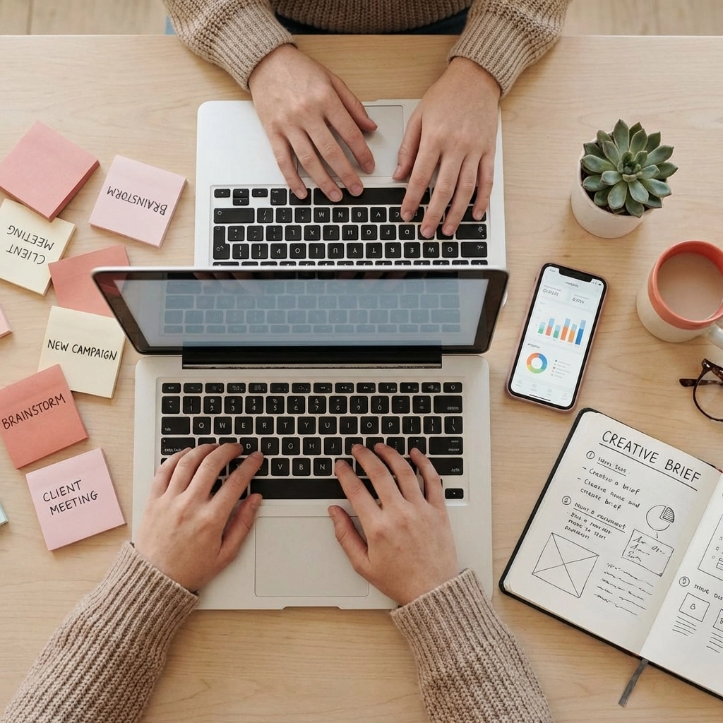Modern workspace with hands typing on laptop, blending technology and creativity for small business success.