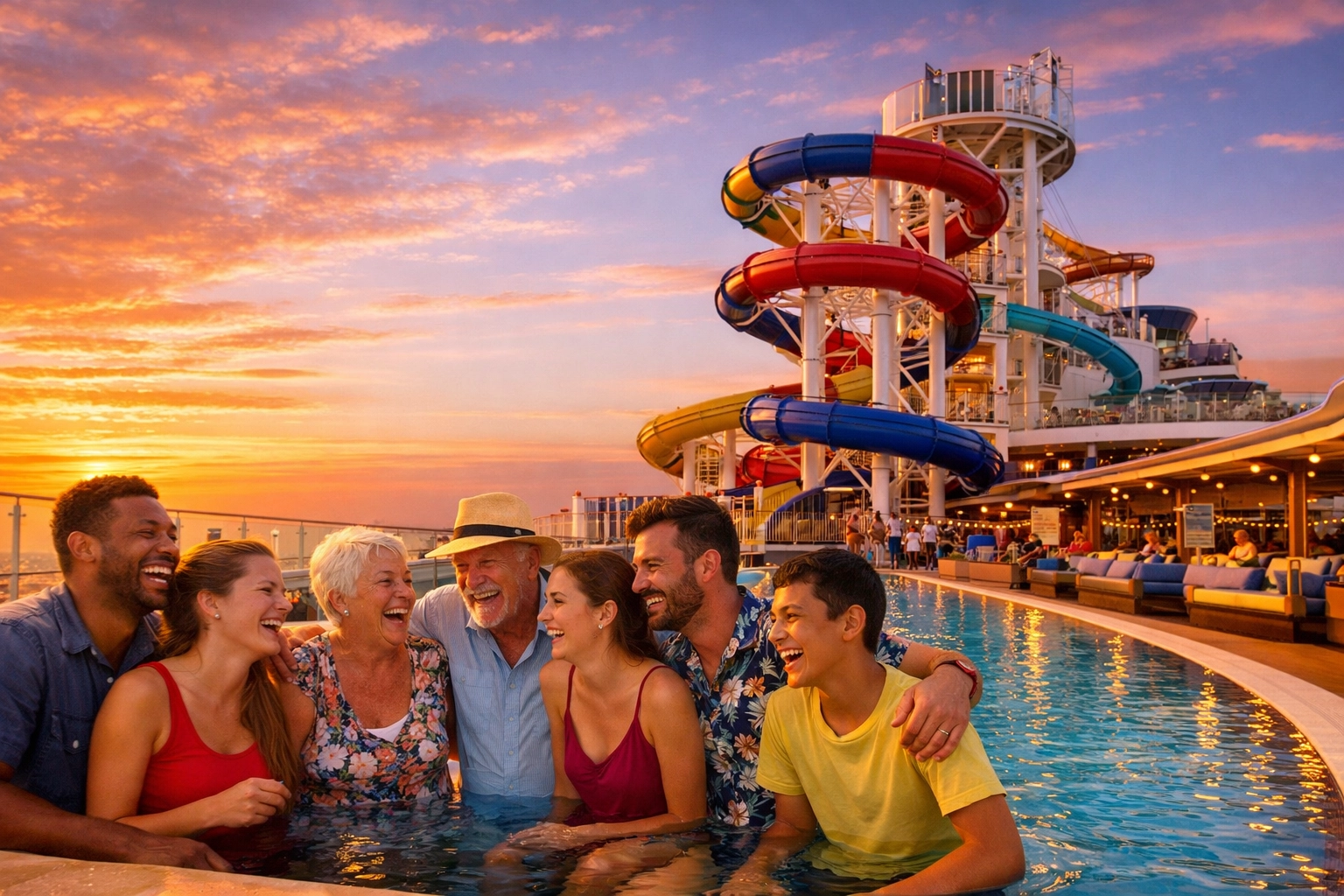 Happy group on a cruise deck, learning how to book a group cruise for family vacations.