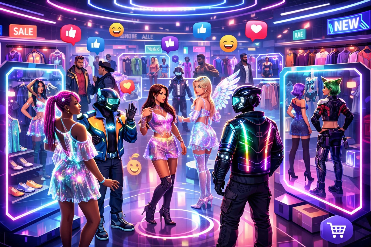 Social metaverse shopping experience with avatars trying virtual clothing in digital boutique