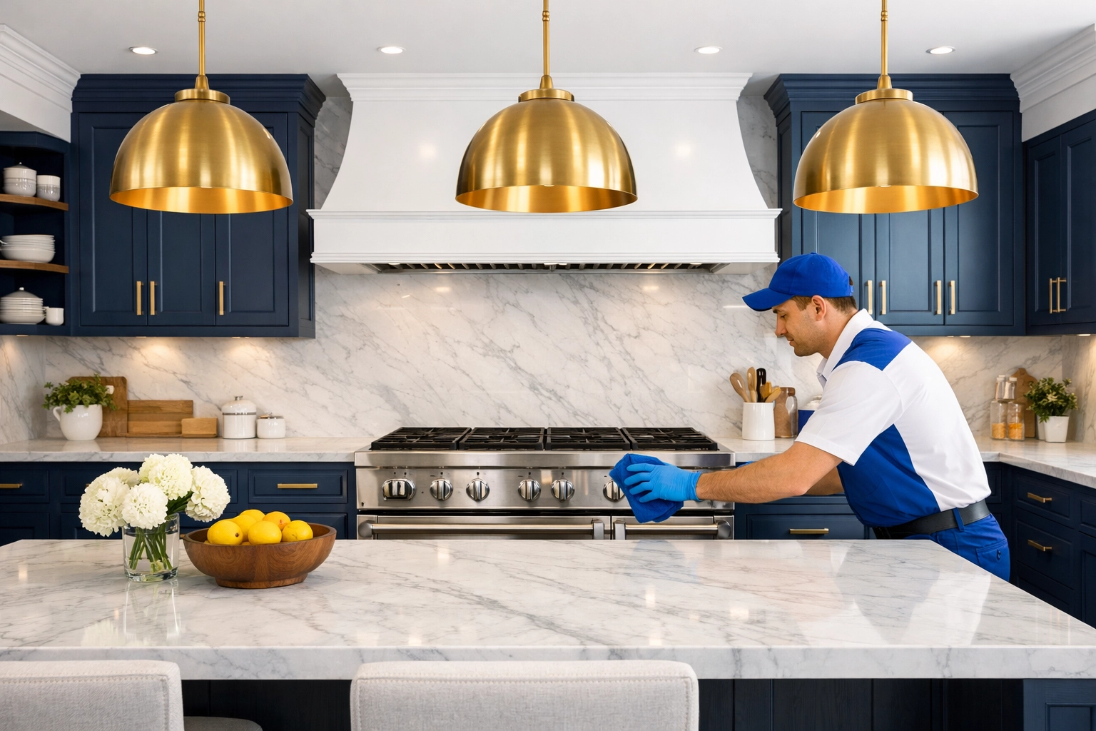 A professional cleaning technician polishing a luxury kitchen in a Newton MA estate.