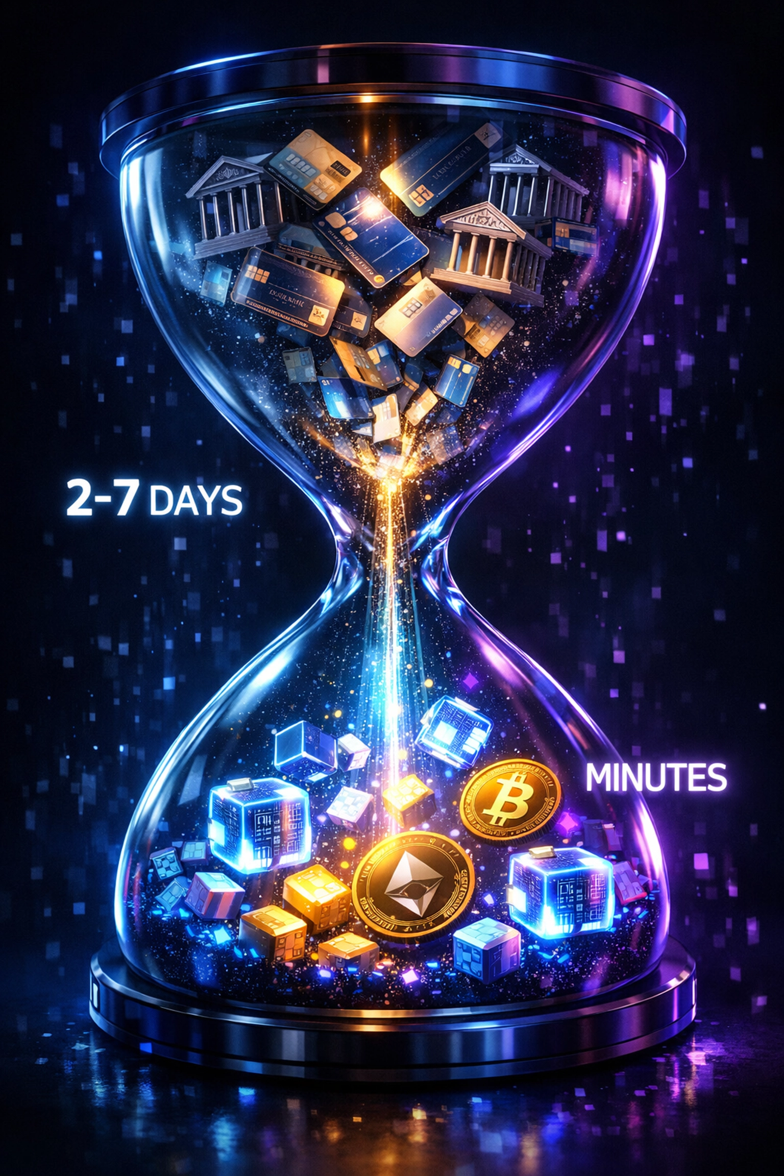 Blockchain payment settlement speed compared to traditional 2-7 day processing times