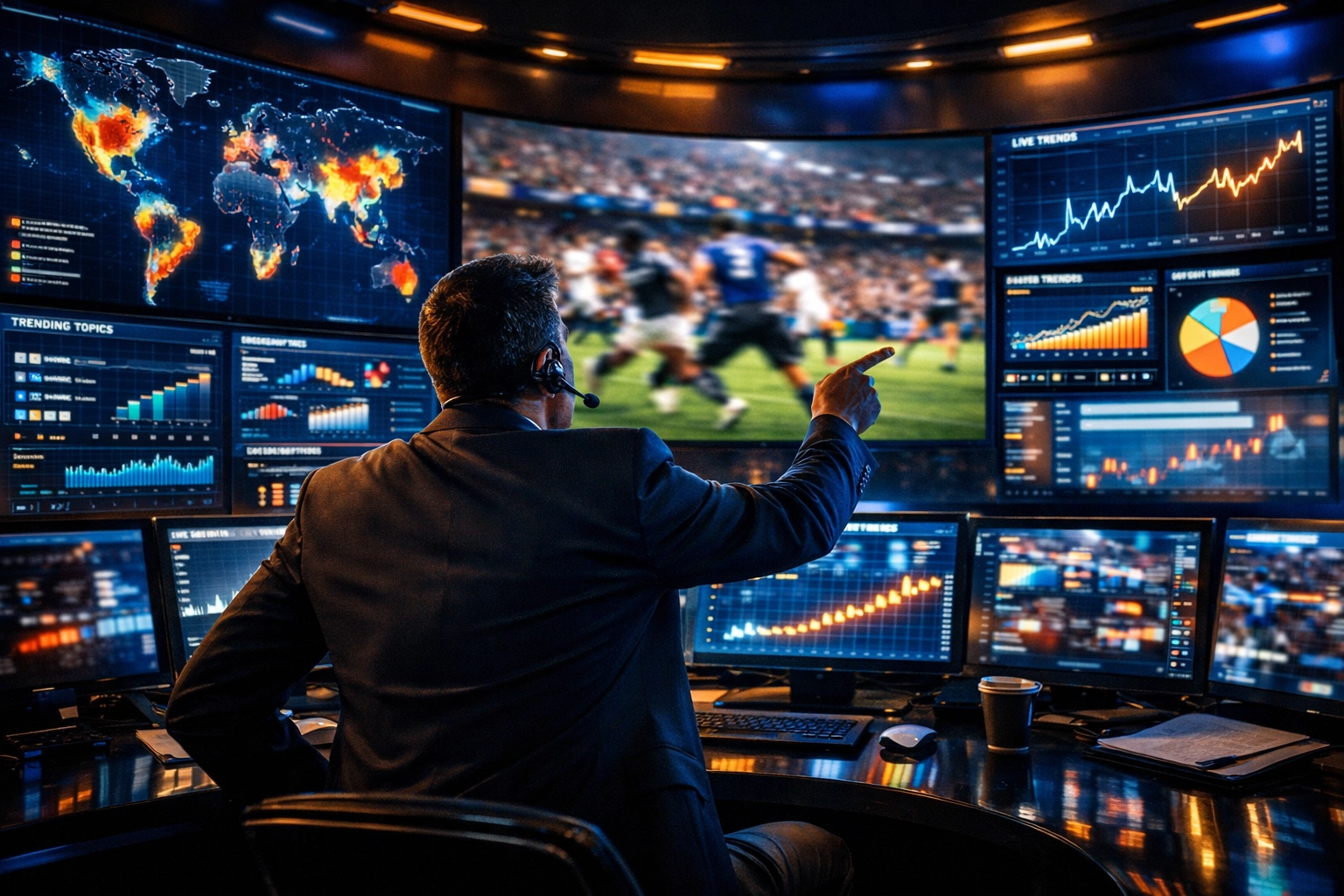 High-tech digital marketing command center monitoring Super Bowl 2026 data visualizations and athlete campaigns.