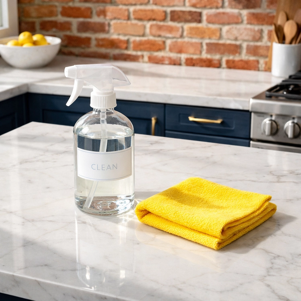 Professional house cleaning Lowell MA setup with a spray bottle and cloth on a marble countertop.