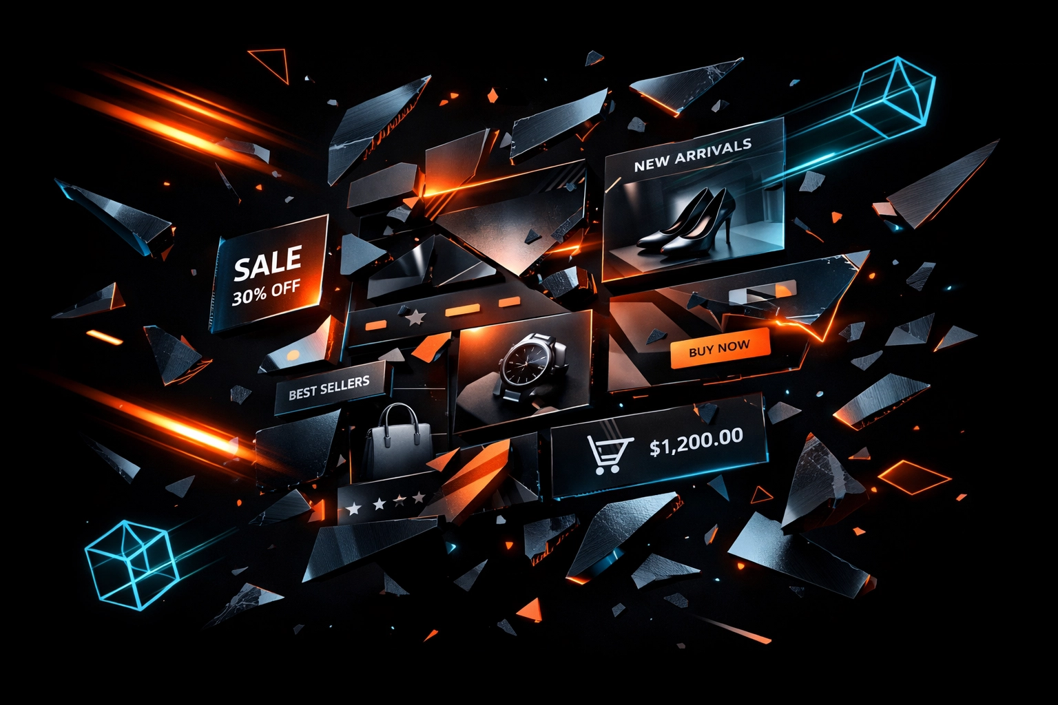 Fragmented luxury shopping interface demonstrating template platform breakdown