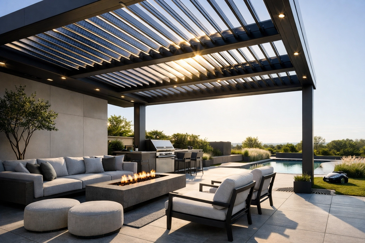 Modern outdoor dining area featuring a premium aluminium louvre pergola system
