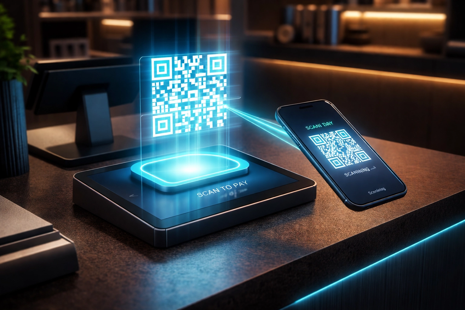 Customer scans holographic QR code at a modern retail counter for fast cryptocurrency POS payment and NFT receipt.