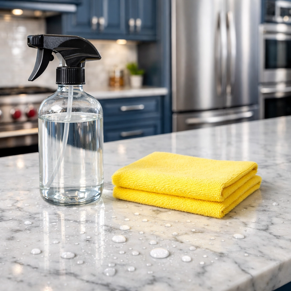 Pristine marble kitchen island with eco-friendly supplies for professional deep cleaning Worcester MA.