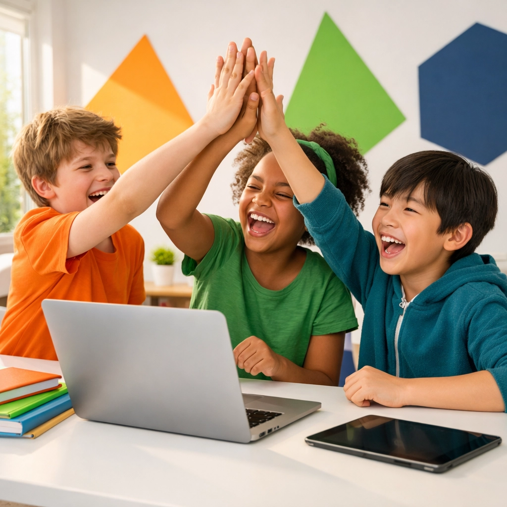 Children celebrating success and achievement after completing online life skills classes