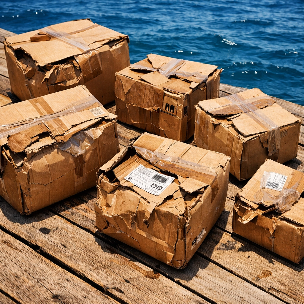 Damaged shipping boxes on dock showing why mainland sign shipping to Hawaii often results in broken signage