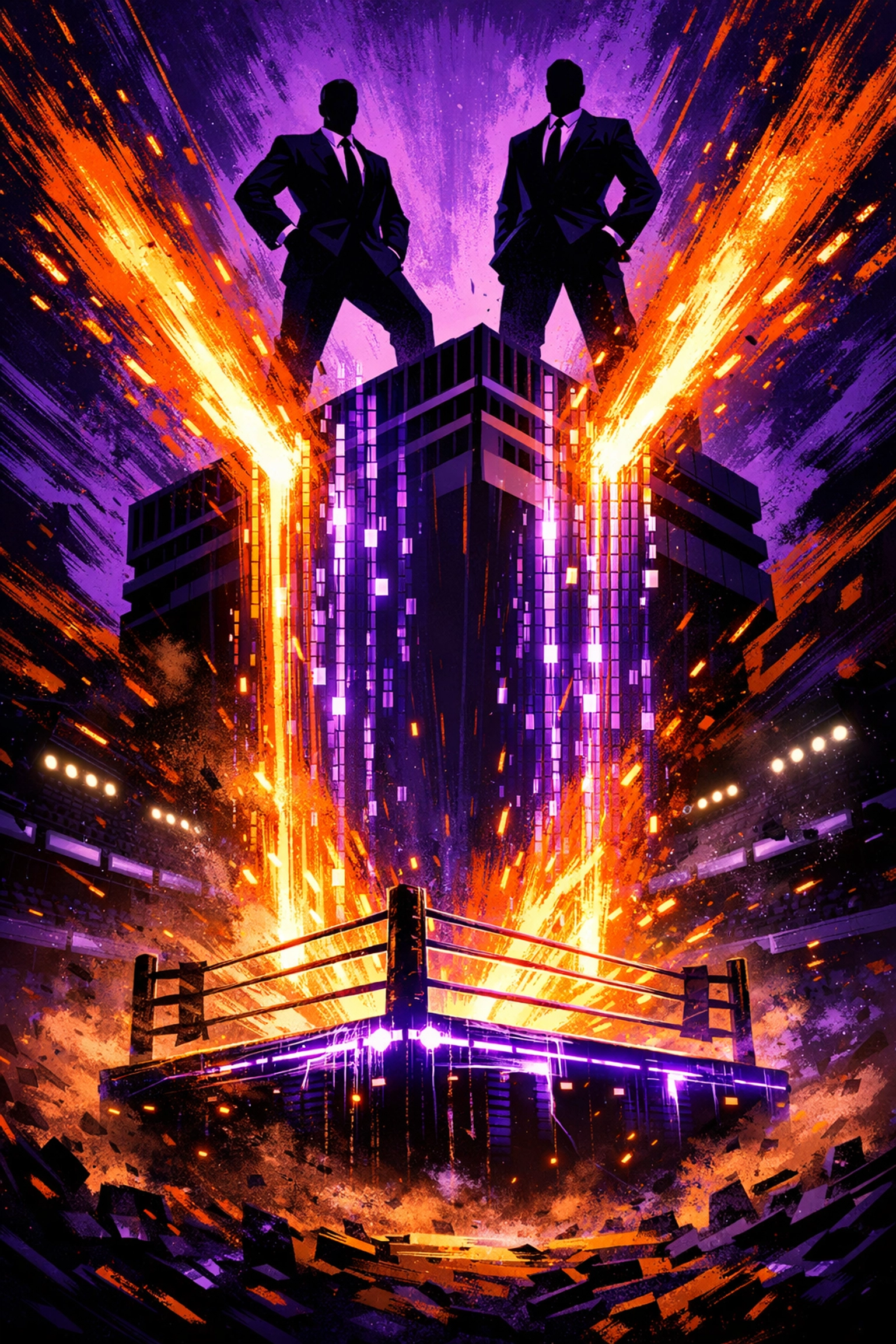 Dana White and Turki Alalshikh silhouettes revolutionizing a boxing ring with Zuffa energy.