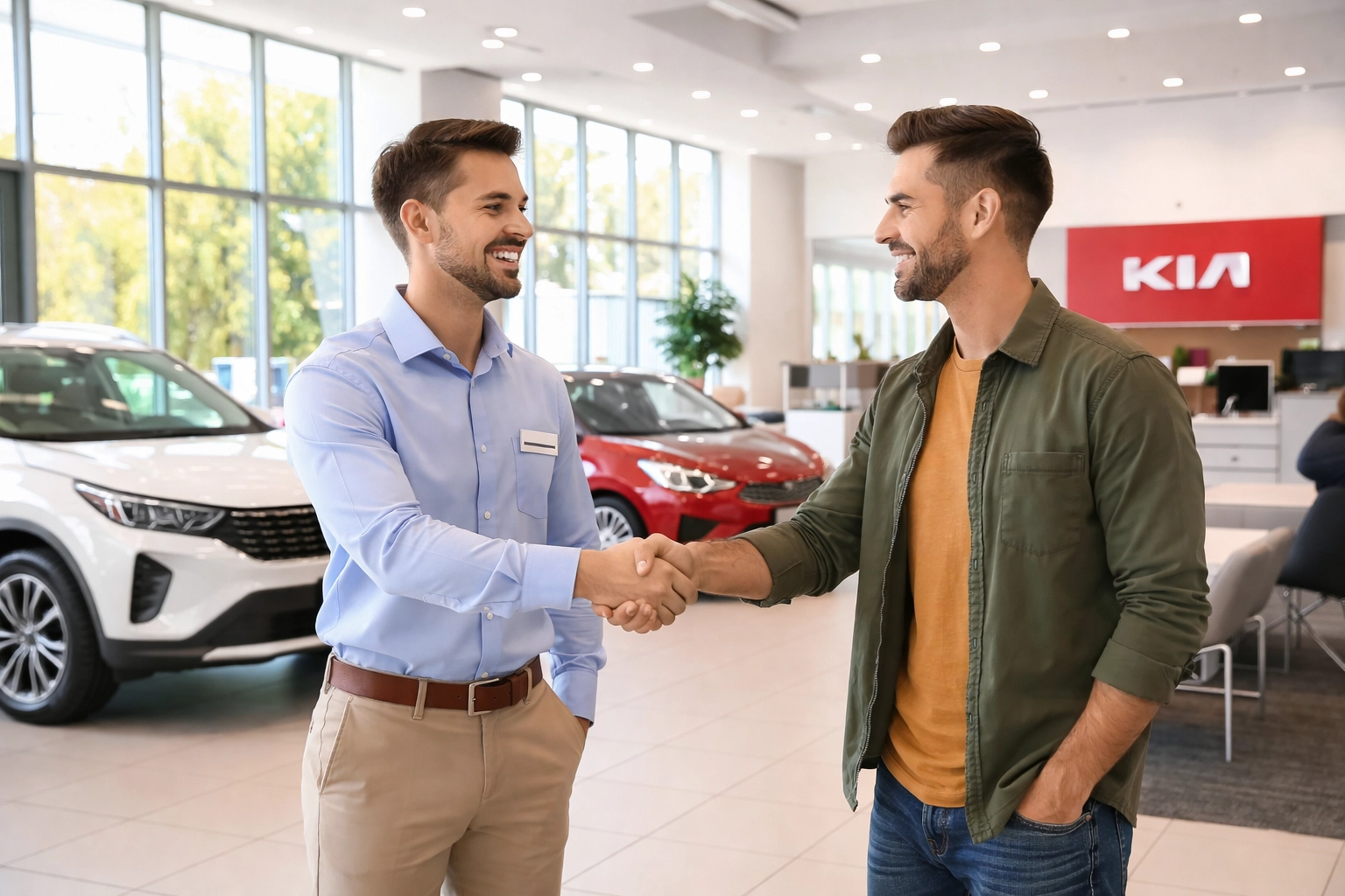 Happy customer shaking hands with a Roseville Kia sales representative in a bright, modern Sacramento dealership
