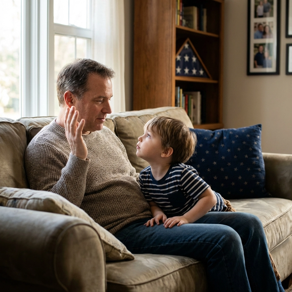 Parent and child discuss the Pledge of Allegiance together on a living room couch, highlighting family civic education.