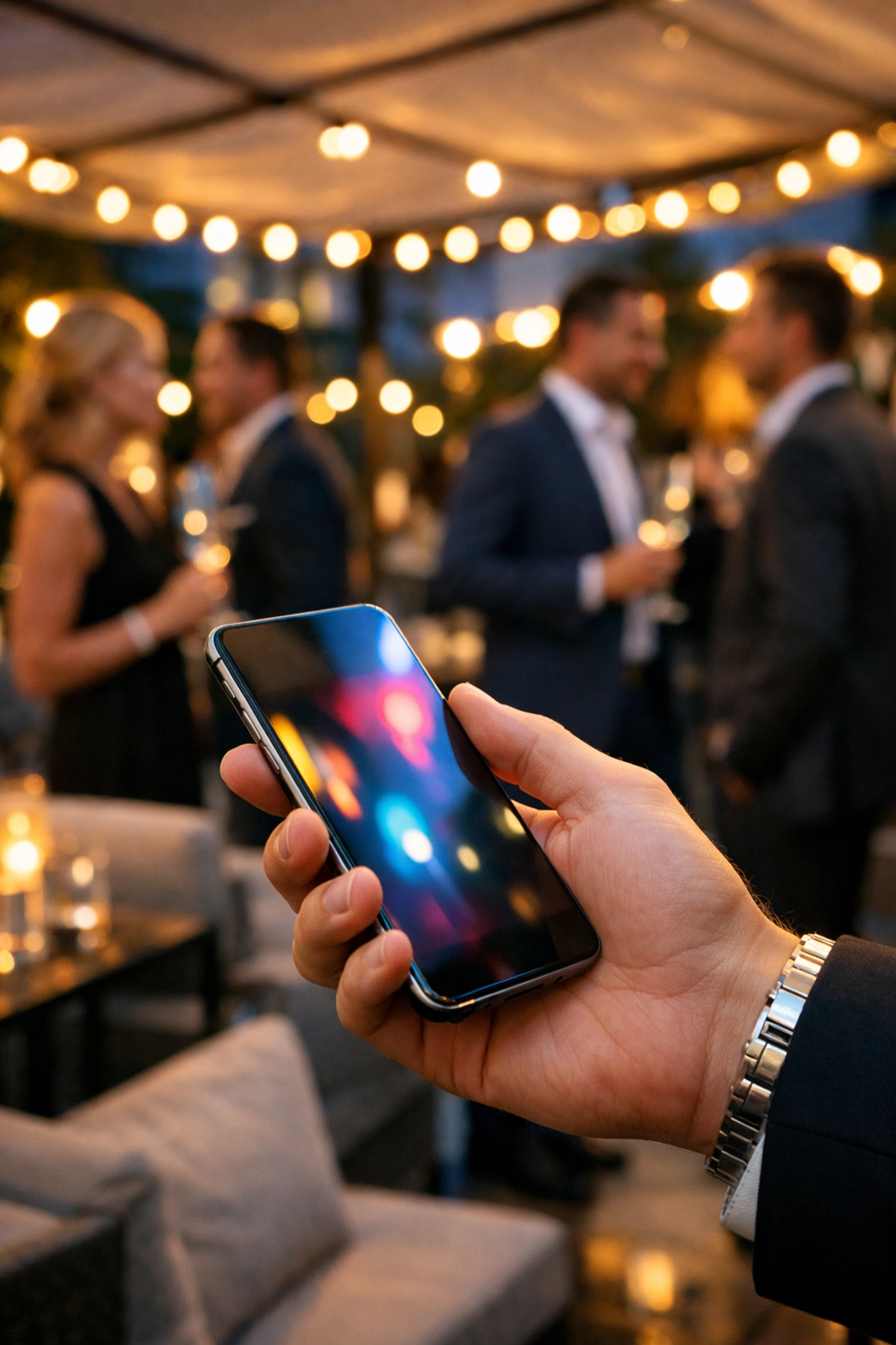 High-level executive networking at a VIP event using mobile connectivity for brand engagement.